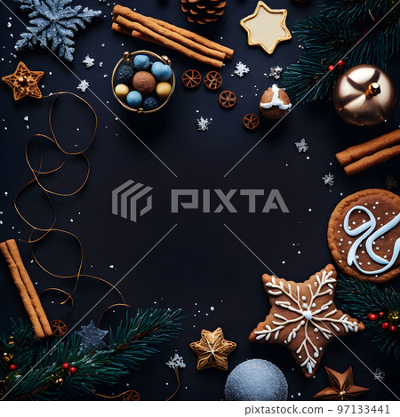 christmas items on flat black background in flat lay perspective, neural network generated art christmas items on flat black background in flat lay perspective, neural network generated art 97133441