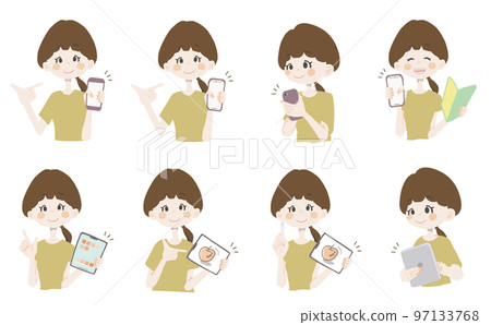 [Gadget illustration / girl holding a smartphone, tablet] Variation set of facial expressions and poses 97133768