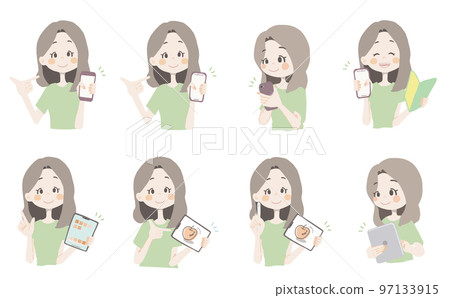 [小工具插圖/拿著智能手機、平板電腦的女孩] 面部表情和姿勢的變化集 97133915