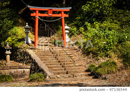 Murayama Sengen Shrine torii entrance red gate in Japan Murayama Sengen Shrine torii entrance red gate in Japan 97136544