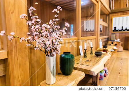 Old buddist temple wooden interior Japan worship place Old buddist temple wooden interior Japan worship place 97136700