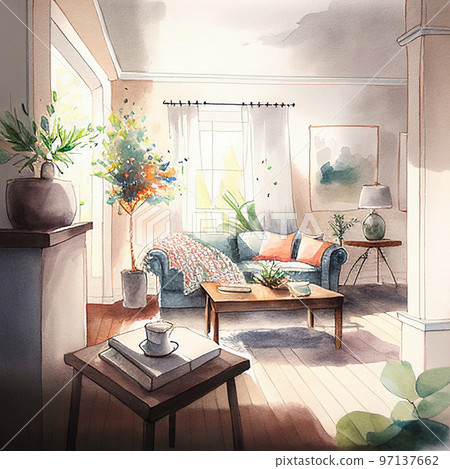 living room watercolor painting