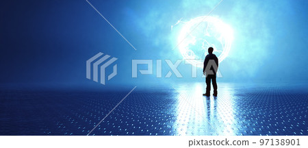Dark abstract scene. Metal reflective floor and Man Standing with Glowing Light Rays from portal. 97138901