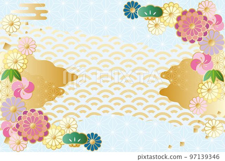 Japanese style frame background illustration material of bamboo, plum and chrysanthemum flowers 97139346