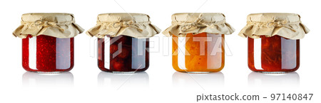 set of jam in small glass jars covered with craft paper isolated on white set of jam in small glass jars covered with craft paper isolated on white 97140847