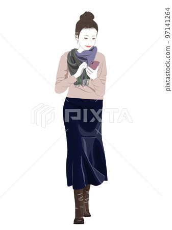 一位年輕女子微笑著看著智能手機的插圖 97141264