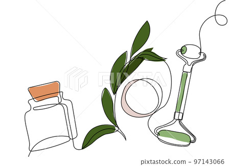 Continuous drawing of one line of bottles with oil or honey or lemon or lime juice for scrubbing and body skin care with natural herbal skin care products, top view of ingredients. Vector illustration Continuous drawing of one line of bottles with oil or honey or lemon or lime juice for scrubbing and body skin care with natural herbal skin care products, top view of ingredients. Vector illustration 97143066