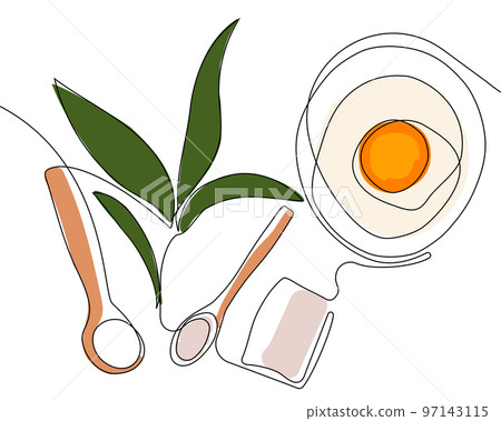 Continuous drawing of one line of bottles with oil or honey or lemon or lime juice for scrubbing and body skin care with natural herbal skin care products, top view of ingredients. Vector illustration 97143115