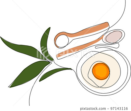 Continuous drawing of one line of bottles with oil or honey or lemon or lime juice for scrubbing and body skin care with natural herbal skin care products, top view of ingredients. Vector illustration 97143116