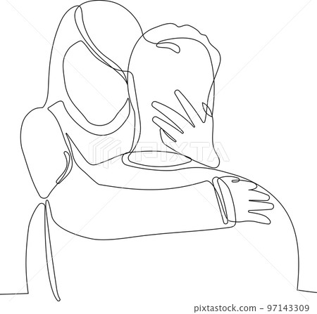 Continuous line drawing of couple hug. Cute and romantic man and woman in  love. Minimalism sketch vector illustration. Stock Vector