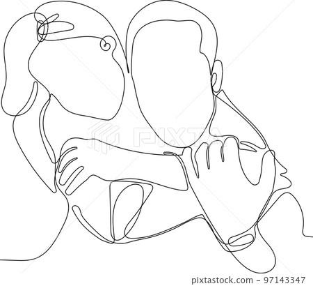 Continuous line drawing of couple hug. Cute and romantic man and woman in  love. Minimalism sketch vector illustration. Stock Vector