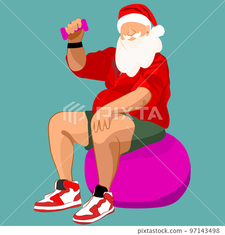 Winter End of Season Sale Background Design. Minimal flat concept of Santa Claus smiling and sitting on a fitness ball and holding a small dumbbell. Vector illustration 97143498