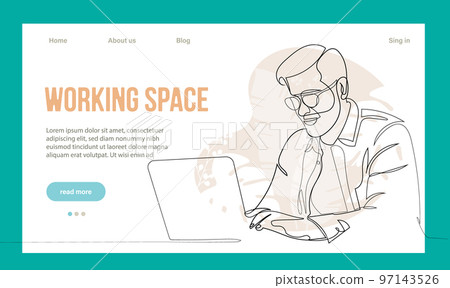 Coworking Space Landing Page Cartoon Template. Freelancers Team Working Online on Laptop. Business People Sharing Open Workspace. Outline Vector Illustration Coworking Space Landing Page Cartoon Template. Freelancers Team Working Online on Laptop. Business People Sharing Open Workspace. Outline Vector Illustration 97143526