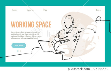 Coworking Space Landing Page Cartoon Template. Freelancers Team Working Online on Laptop. Business People Sharing Open Workspace. Outline Vector Illustration Coworking Space Landing Page Cartoon Template. Freelancers Team Working Online on Laptop. Business People Sharing Open Workspace. Outline Vector Illustration 97143539