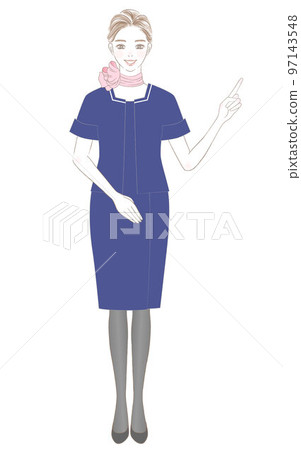 Smiling cabin attendant female full body illustration pointing and explaining 97143548