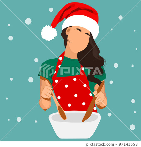 Christmas woman baking cookies. Happy woman in santa hats preparing breakfast for your family for Christmas. Peeple spend time cooking. Vector illustration 97143558