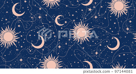 Seamless celestial background with stars, sun and moon. Blue seamless astrological pattern for tarot, boho ornament for zodiac. Vector Illustration. 97144081