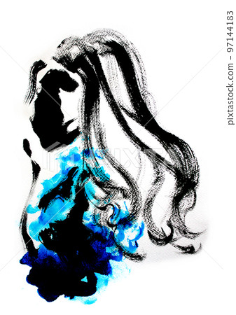 藍色女人側面的手繪插圖 97144183