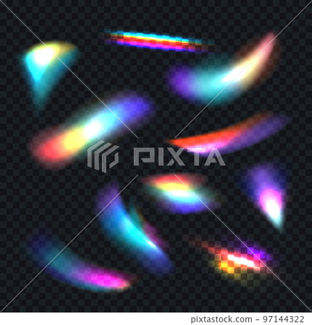 Diamond light reflection. Crystal rainbow. Sparkle glass effect. Magic jewellery refraction. Lighting spectrum. Iridescent or gradient glare. Bright flares set. Vector overlay background 97144322