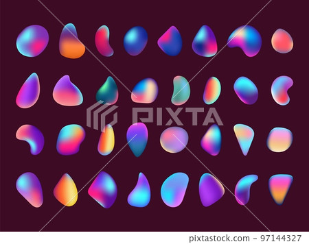 Future gradient shapes, liquid logo. Iridescent retro neon abstract 3d isolated elements with holographic blur. Futuristic decorative elements, organic forms. Vector bright brush background 97144327
