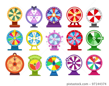 Fortune game. Roulette icon. Prize in lottery. Modern target. Lucky arrow. Jackpot win. Colorful gambling rotate circles set. Casino entertainment. Play gamble. Vector illustration design Fortune game. Roulette icon. Prize in lottery. Modern target. Lucky arrow. Jackpot win. Colorful gambling rotate circles set. Casino entertainment. Play gamble. Vector illustration design 97144374