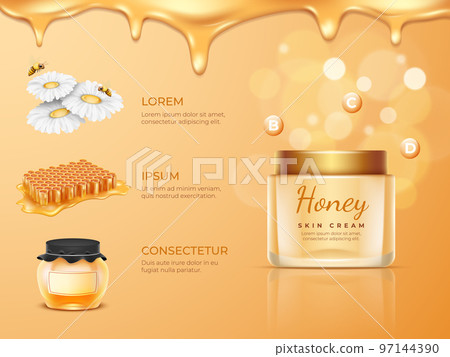 Honey bee cosmetic. Honeycomb liquid drip. Skin cream advertising banner. Skincare essence with chamomile flower and hexagon sweet ingredient. Vitamin moisturizer. Vector ad template 97144390