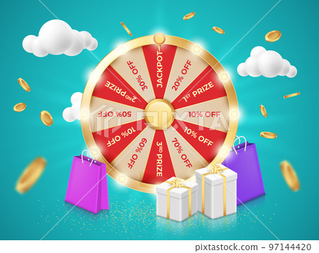 3D wheel spin. Roulette win. Shopping sale raffle. Lucky prize. Rotating circle. Offer or discount. Jackpot of lottery game. Gift boxes. Purchase bags. Gold coins. Vector banner template 97144420