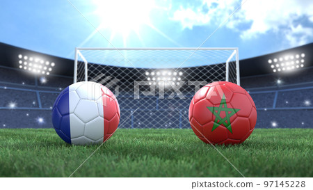 Two soccer balls in flags colors on stadium blurred background. France vs Morocco. 3d image 97145228