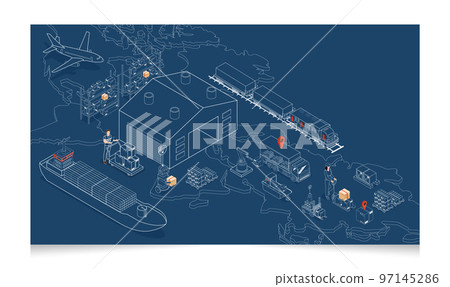 3D isometric Global logistics network concept with Transportation operation service, Export, Import, Cargo, Air, Road, Maritime delivery. Vector illustration EPS 10 97145286