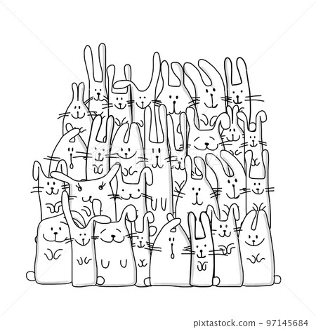 Funny Bunnies family. Rabbit - symbol of 2023 chineese new year. Chreeting card design idea. Cute characters. Colouring page design, outline style. Vector illustration Funny Bunnies family. Rabbit - symbol of 2023 chineese new year. Chreeting card design idea. Cute characters. Colouring page design, outline style. Vector illustration 97145684