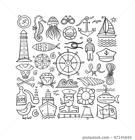 Nautical icons of navigator, ship and captain, lighthouse and sailor. Art background. Colouring style for your design 97145695
