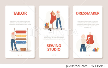 Sewing concept. Elderly woman seamstress sews, cuts and streams clothes. Set of vertical banners for social media. Fashion designer or dressmaker. Vector illustration in flat cartoon style 97145940
