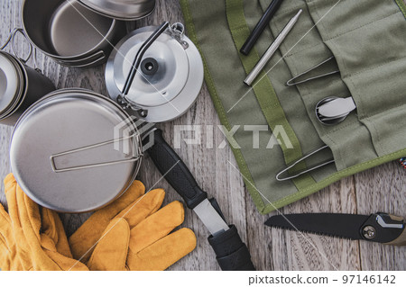 Outdoor mountaineering camping equipment bird's-eye view... Outdoor mountaineering camping equipment bird's-eye view... 97146142