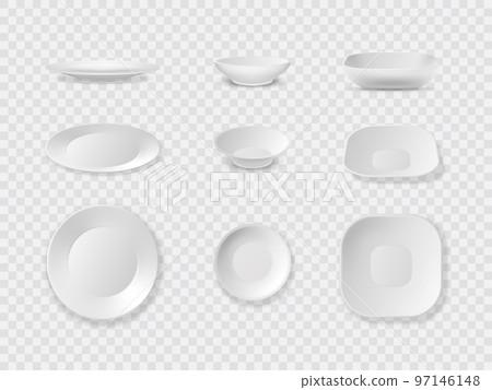 Ceramic dish. Realistic plate. Porcelain bowl. Square tableware. Dinner food mockup. Empty round platter. Kitchen utensil. Banquet serving. Different view angles. Vector dinnerware set 97146148