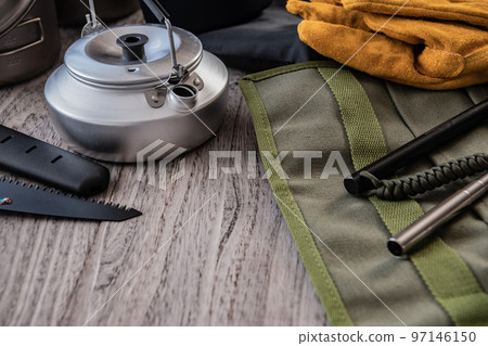 Outdoor mountain climbing camping equipment wood grain background material 97146150