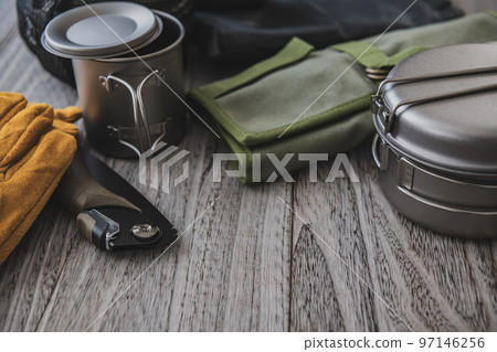 Outdoor camping equipment close-up wood grain background material 97146256