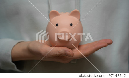 Women's hands hold a piggy bank close-up. Women's hands hold a piggy bank close-up. 97147542