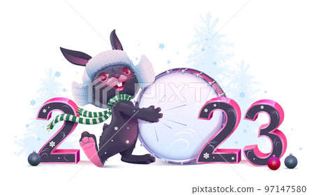 2023 year of black rabbit christmas greeting card. Cute hare in hat beats drum 2023 year of black rabbit christmas greeting card. Cute hare in hat beats drum 97147580
