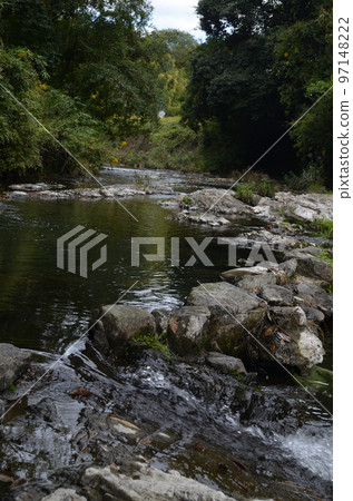 一條小河流經綠色的岩石區 97148222