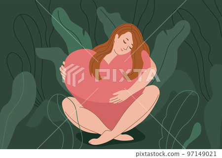 Love yourself vector illustration. Smiling woman sit and hug big heart in nature. Body health, emotion care design concept in cute modern flat style Love yourself vector illustration. Smiling woman sit and hug big heart in nature. Body health, emotion care design concept in cute modern flat style 97149021