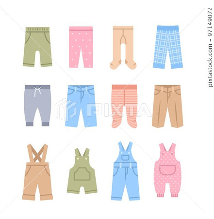 Baby clothes colorful flat icons. Children clothing cartoon pictograms. Pants, jeans, sweatpants, leggings and bodysuits. Kids wardrobe garments. Outfit for newborn child, toddler, little boy or girl Baby clothes colorful flat icons. Children clothing cartoon pictograms. Pants, jeans, sweatpants, leggings and bodysuits. Kids wardrobe garments. Outfit for newborn child, toddler, little boy or girl 97149072