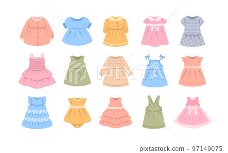 Baby girl dresses color flat icons. Different dresses and sundresses with long and short sleeve, for everyday and special occasion. Simple colorful pictograms of children cloth. Little girl wardrobe 97149075