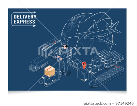 3D isometric Set of logistics solutions concept with Global Logistics, Warehouse Logistics, Maritime Transport, Online delivery, Export and Import. Vector illustration eps10 3D isometric Set of logistics solutions concept with Global Logistics, Warehouse Logistics, Maritime Transport, Online delivery, Export and Import. Vector illustration eps10 97149246
