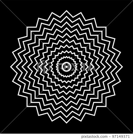Geometric Circle Zig Zag Lines White Pattern on Black Background. Geometric Circle Zig Zag Lines White Pattern on Black Background. 97149371