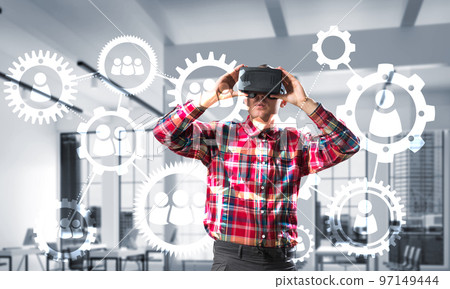 Guy wearing checked shirt and virtual mask demonstrating some emotions 97149444