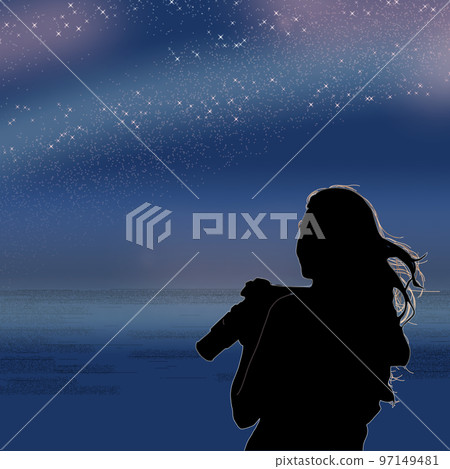 Camera girl camera landscape starry sky sunset morning sun girl woman background illustration 97149481