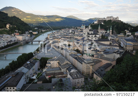 Austria, Salzburg, view from Mönchsberg hill, Salzach river, Hohensalzburg fortress Austria, Salzburg, view from Mönchsberg hill, Salzach river, Hohensalzburg fortress 97150217