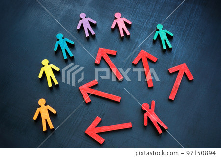 Colorful figures and red one with arrows. Inclusive communication and leadership concept. Colorful figures and red one with arrows. Inclusive communication and leadership concept. 97150894