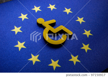 Disabled person sign on the EU flag. European accessibility act concept. 97150917