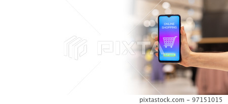 Web banner of marketing and advertising. Close-up of woman's hand showing smartphone with purchases in online store. Mock up with copy space. Concept of shopping and consumerism 97151015